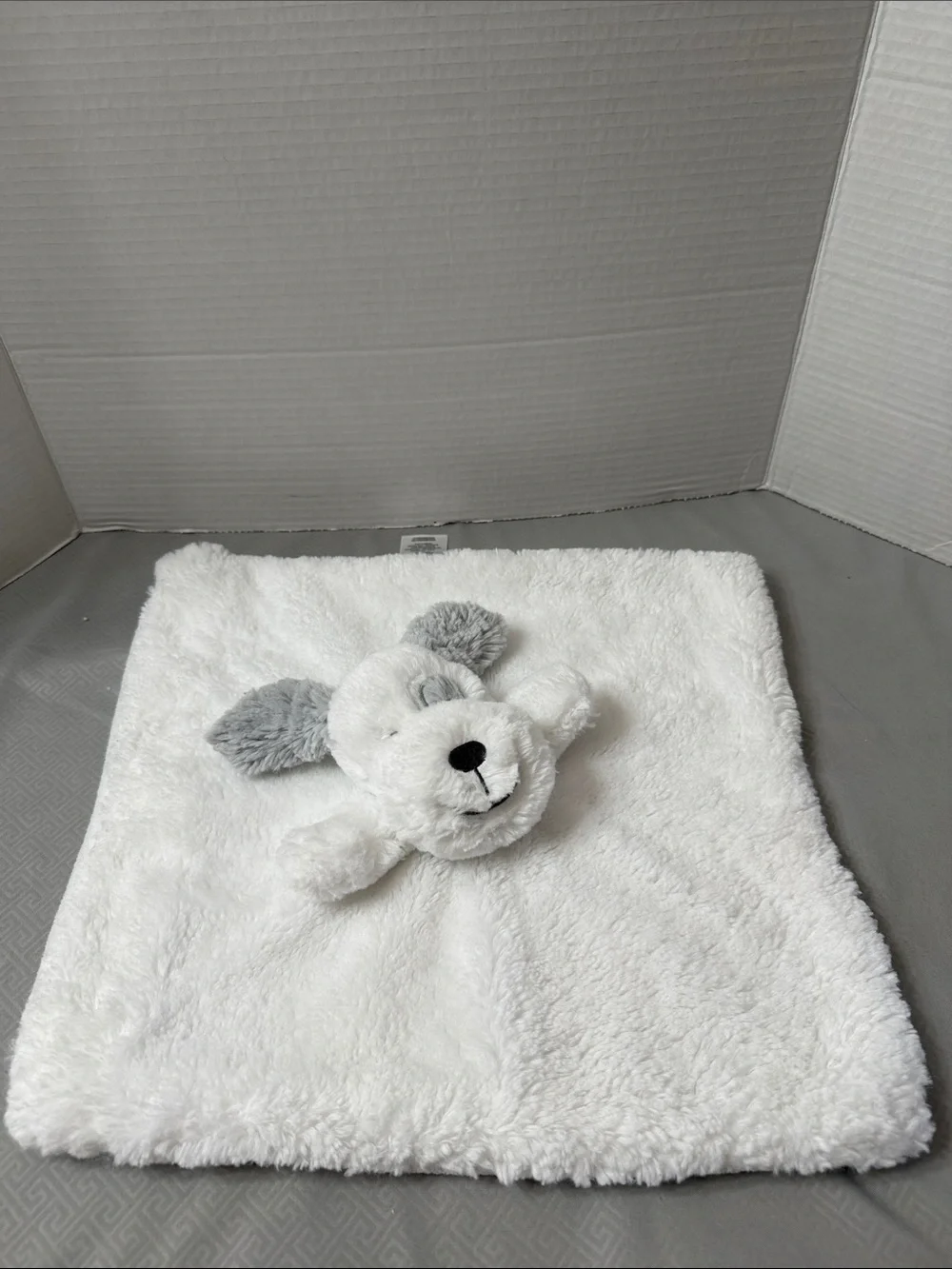 Koala Kids White & Gray Puppy Lovey Fluffy Plush Security Blanket with Rattle